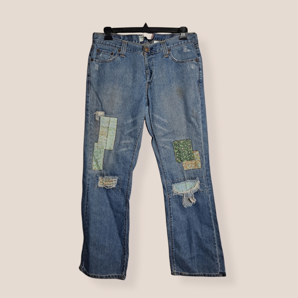 VTG Levis 513 Slouch Bootcut Y2K Hippie Patchwork Denim Jeans Woman's 13